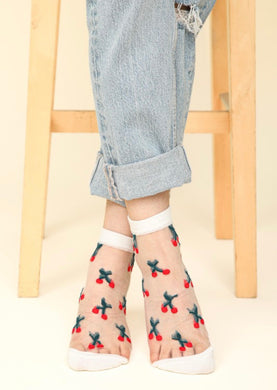 Cherry Embroidered Mesh Ankle Socks