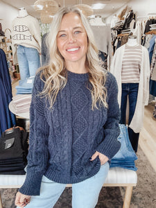 Harbor Nights Crewneck Cable Knit Long Sleeve Sweater - Navy