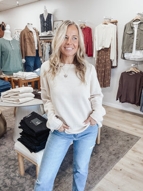 Willow Raw Edge Extended Shoulder Long Sleeve Knit Sweater - Cream
