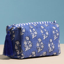 Blue Quilted Floral Cosmetic Pouch | Zipper Makeup Bag with Tassel - Blue
