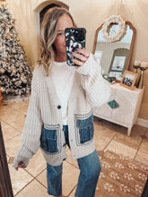 Denim Touch Knit Cardigan with Denim Pockets - Oatmeal