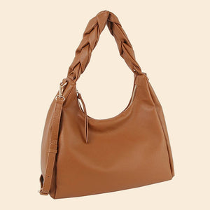 Braided Handle Faux Leather Hobo Hand Bag - Brown