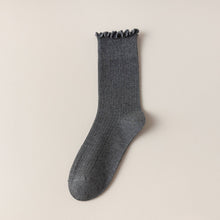 Vertical Stripes Thin Solid Ruffle Crew Socks - Grey