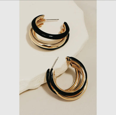 Epoxy Painted Layered Hoop Earrings - Black/Gold