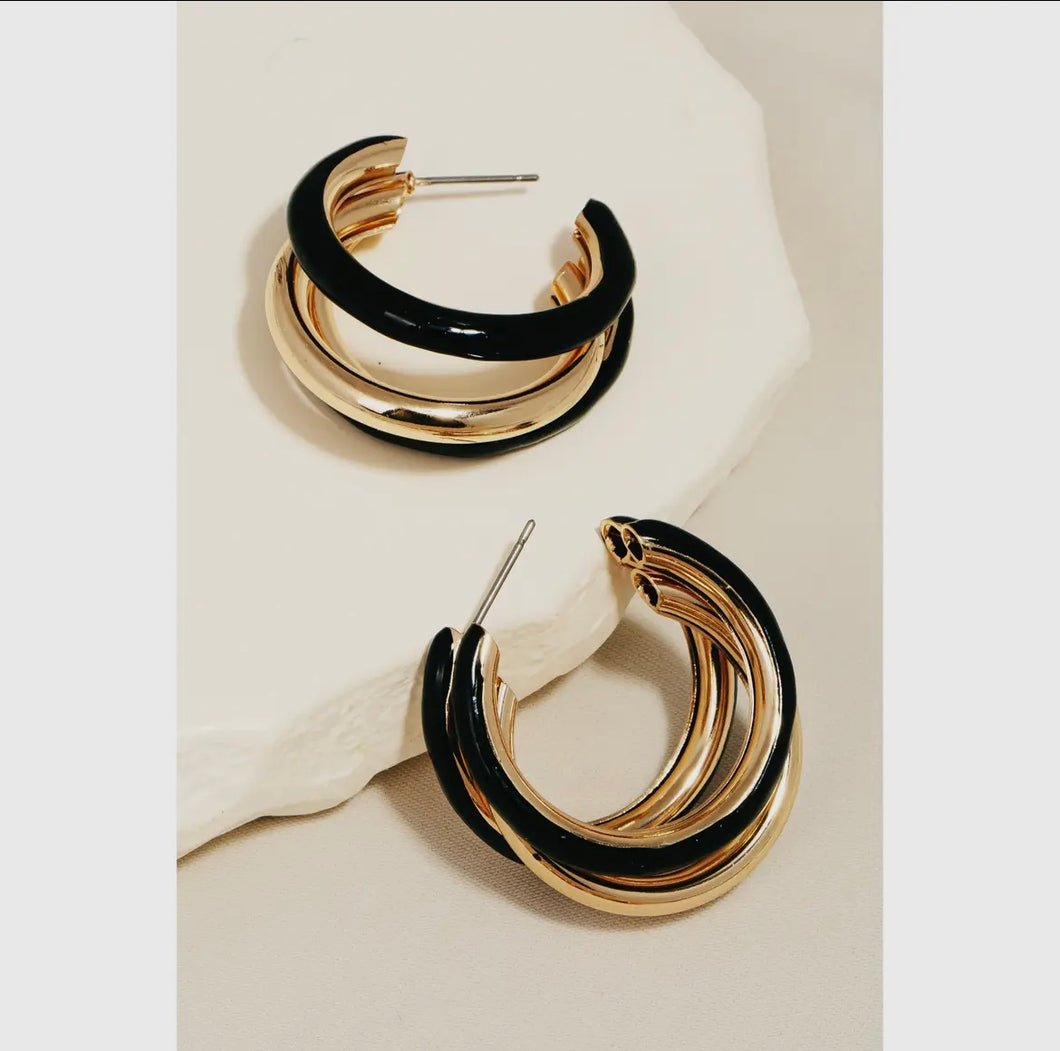 Epoxy Painted Layered Hoop Earrings - Black/Gold