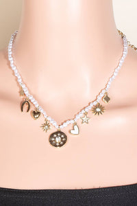 Assorted Charms Pearl Beaded Chain Necklace - Gold