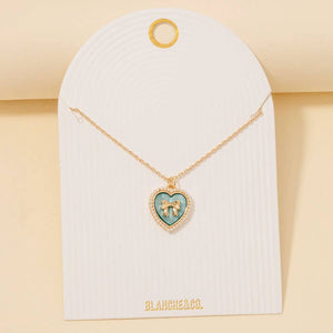 Pearl Set Heart Ribbon Bow Pendant Necklace - White