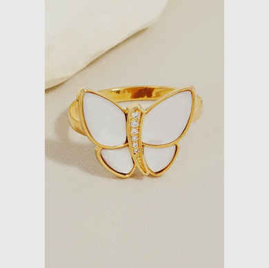 CZ & Pearl Butterfly Metallic Open Band Ring -Gold