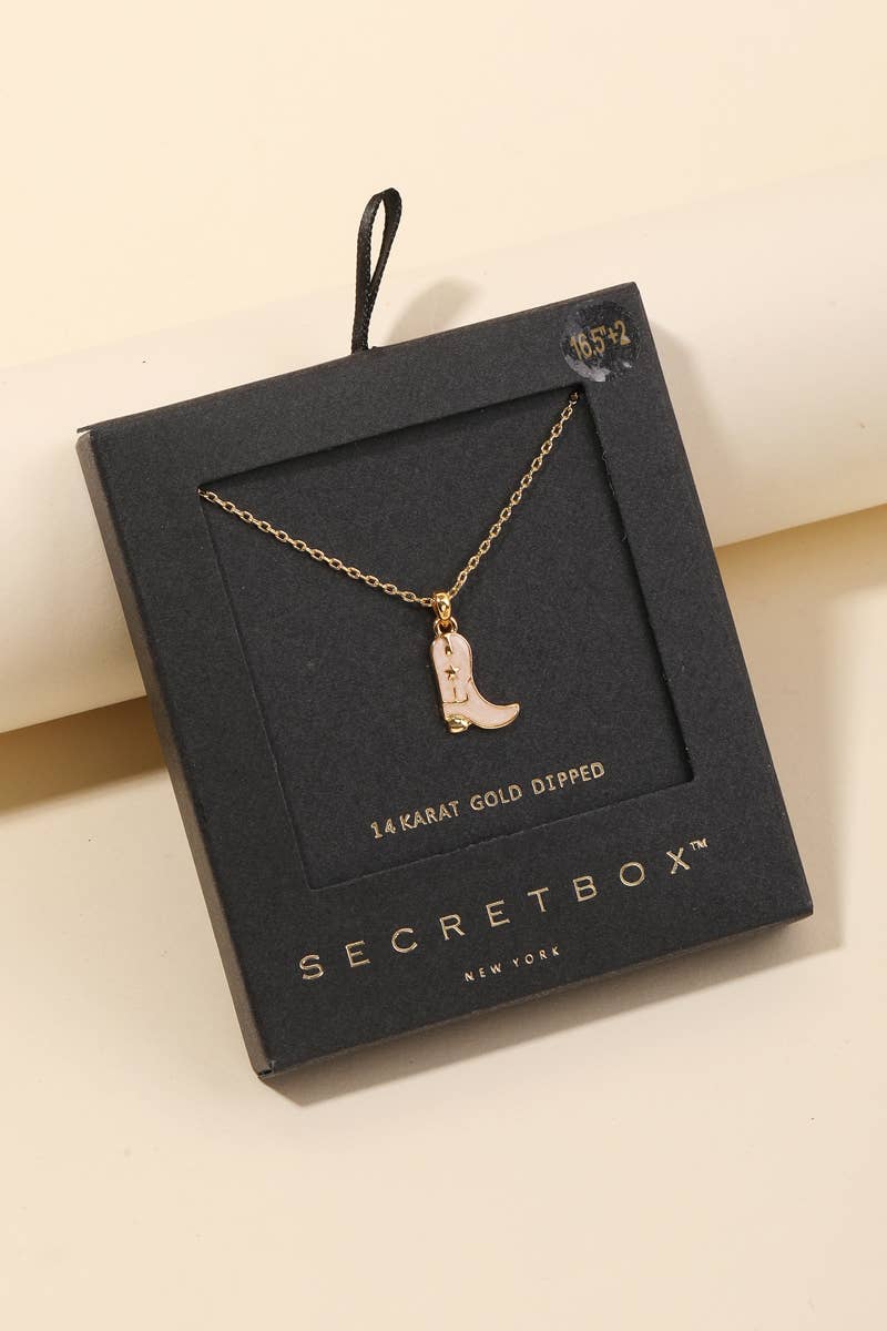 Secret Box Western Cowboy Boot Charm Necklace - White