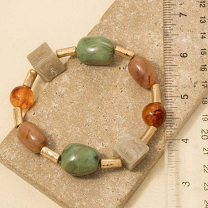 Acrylic Stones And Metallic Tube Beaded Bracelet - Olive