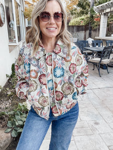 Retro Floral Printed Cropped Jacket