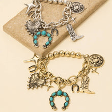 Turquoise Studded Western Charm Chain Bracelet - Silver