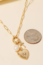 Pearl Cross And North Star Heart Charms Chain Necklace - Gold