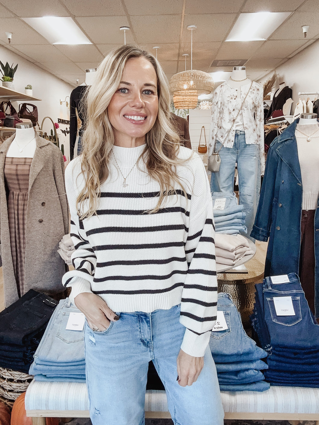 Cafe Stripe Mock Neck Drop Shoulder Knit Sweater - Ivory/Black