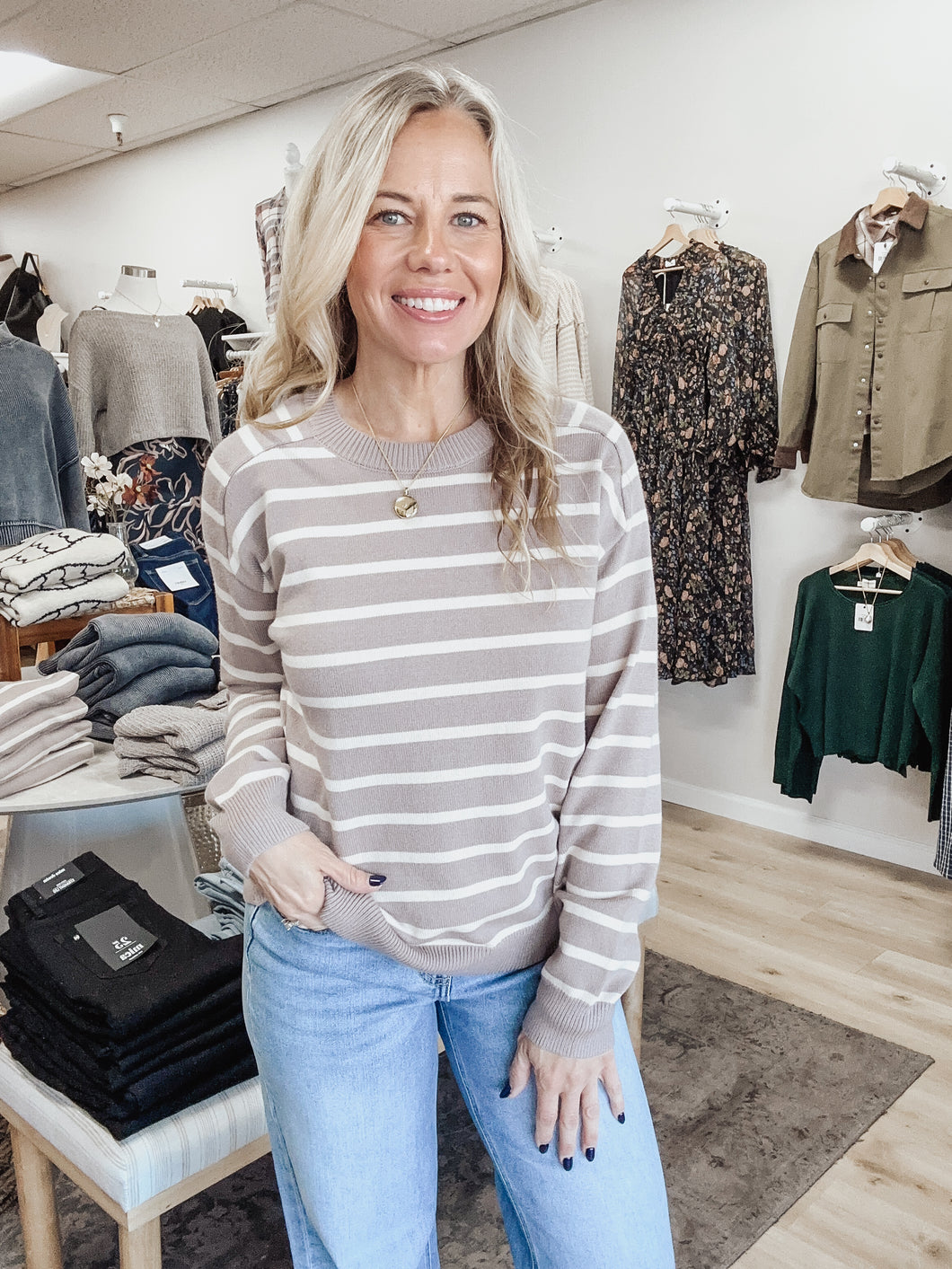 Sunday Stripe Raglan Long Sleeve Pullover Sweater - Mocha
