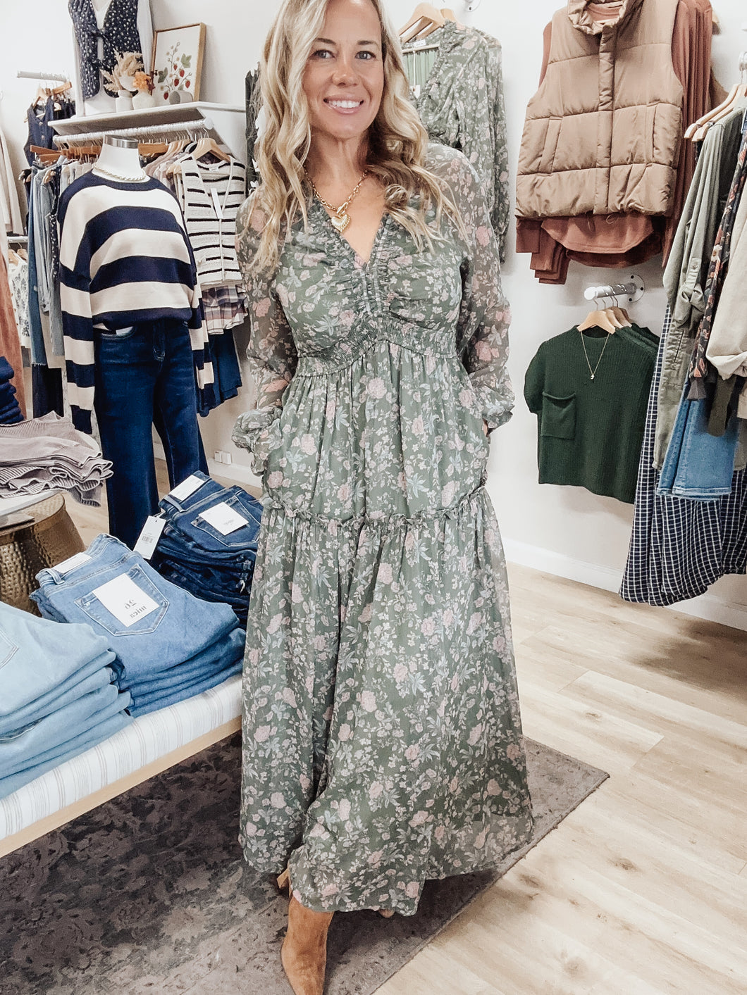 Rosewood Garden Smocked Floral Maxi Dress - Dusted Eucalyptus