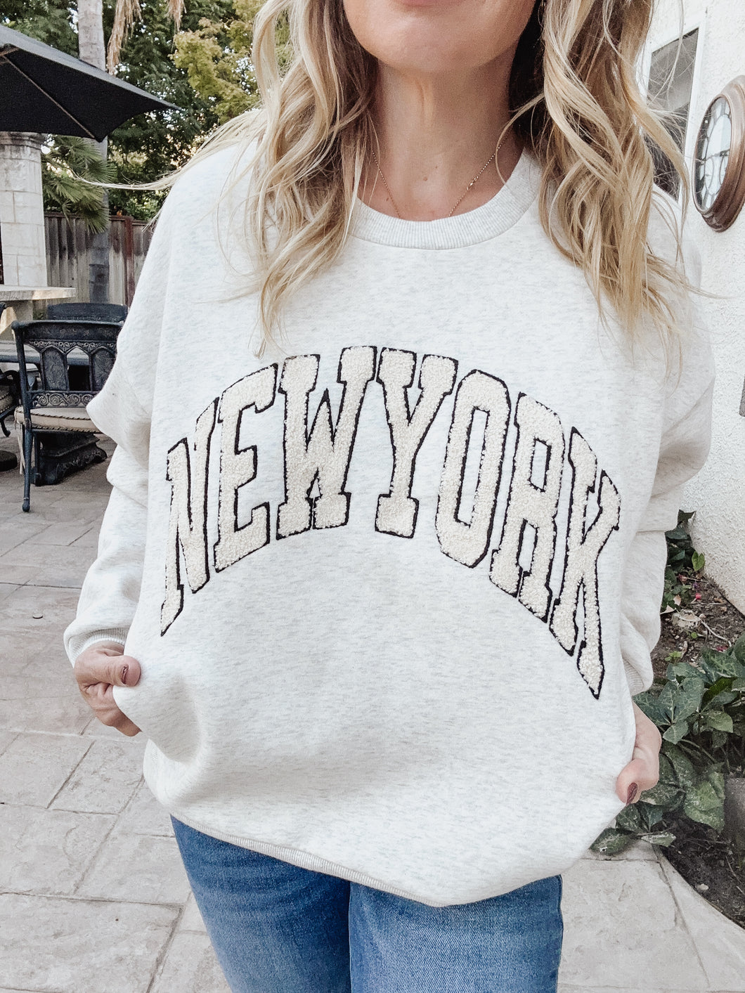 Grey Boucle Letter Patch Sweatshirt - New York