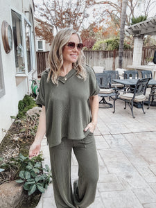 Jordyn Textured Top & Draw String Straight Leg Pant Set - Olive