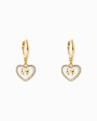 Bow Stamp on Heart Drop Hoop Earrings - White