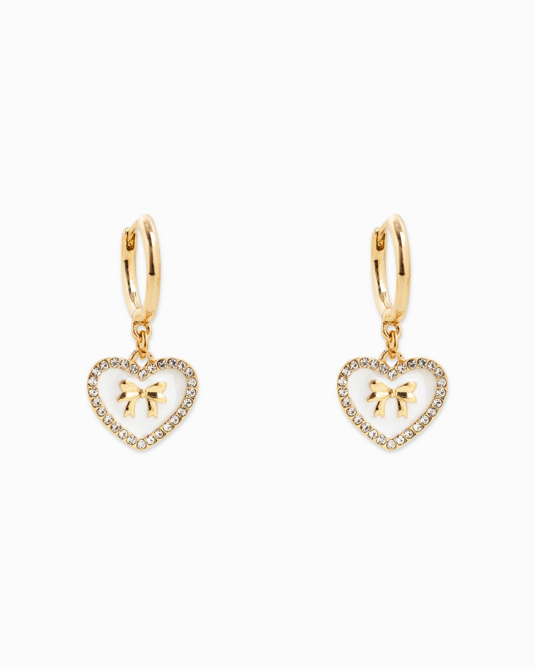 Bow Stamp on Heart Drop Hoop Earrings - White