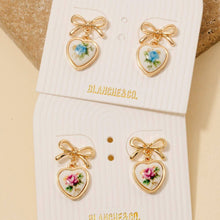 Flower Heart Drop Ribbon Bow Stud Earrings - Blue