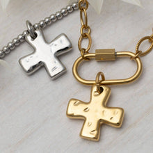 18K Gold PVD Stainless Steel Textured Gold Cross Charm Bar: Stainless Steel Silver