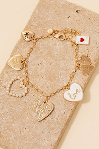 Assorted Multi Heart Charm Chain Bracelet - Gold/White