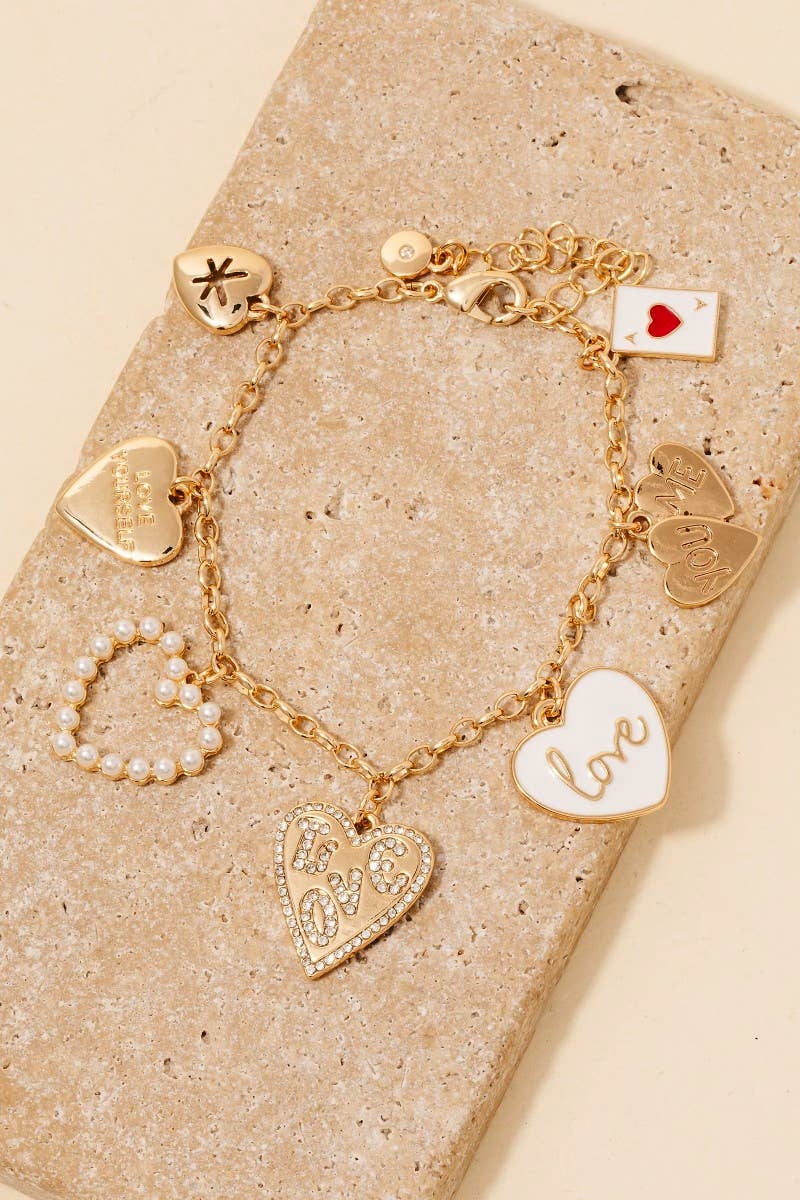 Assorted Multi Heart Charm Chain Bracelet - Gold/White