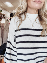 Cafe Stripe Mock Neck Drop Shoulder Knit Sweater - Ivory/Black