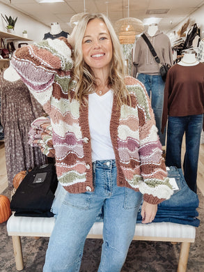 Autumn Mosaic Chunky Knit V Neck Button Down Cardigan - Multi