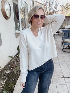 Oat Milk Exposed Seam Split Neckline Sweater