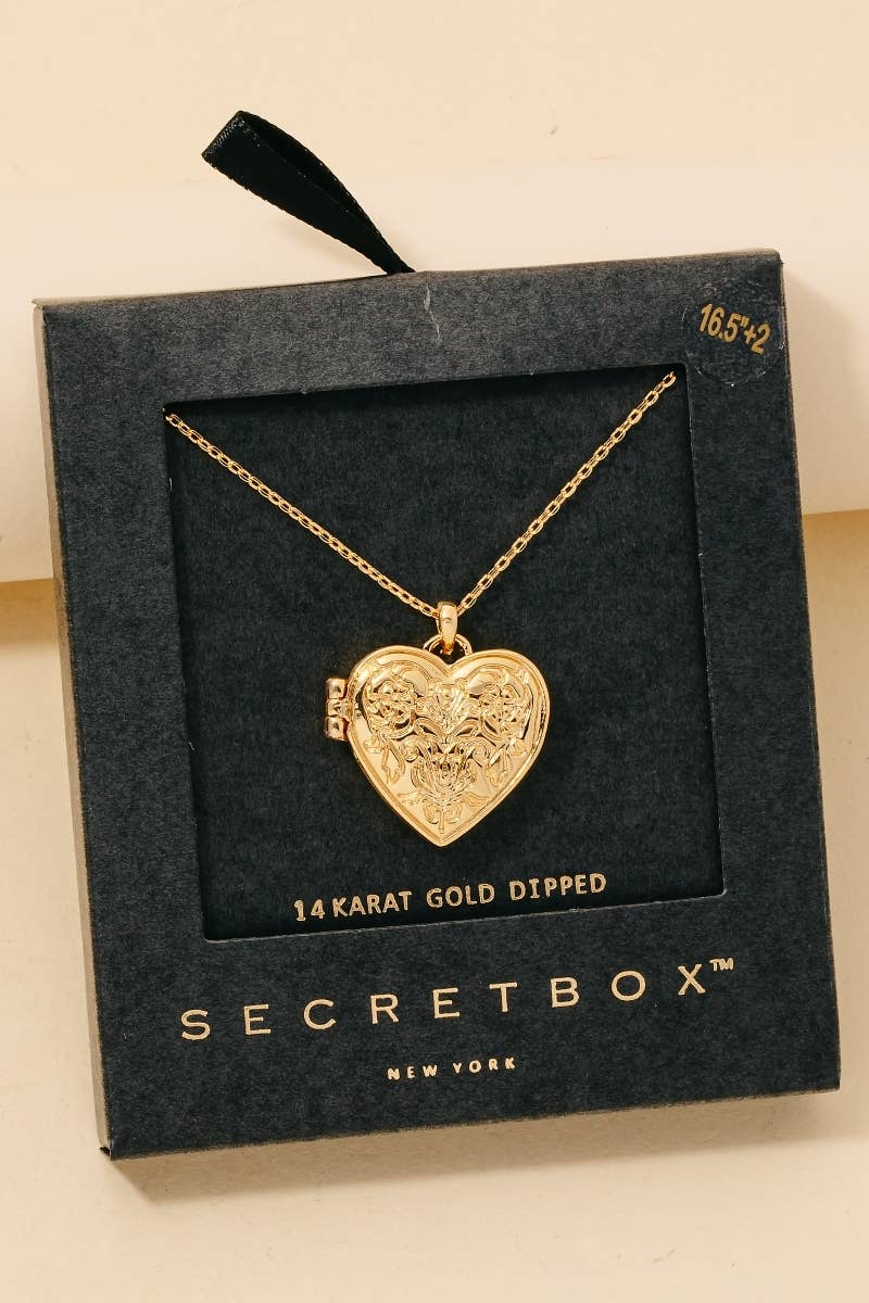 Gold Dipped Intricate Heart Locket Pendant Necklace - Gold