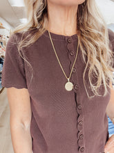 Lottie Scalloped Short Sleeve Button Down Knit Cardigan - Brown