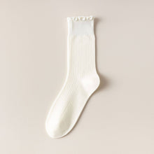 Vertical Stripes Thin Solid Ruffle Crew Socks - Cream