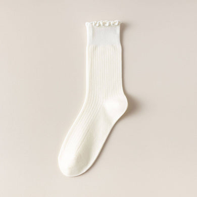 Vertical Stripes Thin Solid Ruffle Crew Socks - Cream