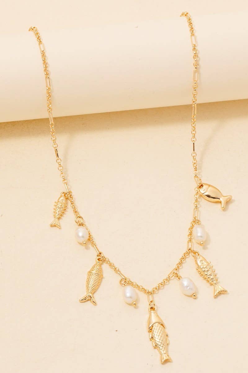 Fish And Pearl Charms Chain Necklace