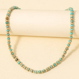 Metallic And Semi Precious Stone Beaded Necklace - Turquoise