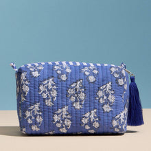 Blue Quilted Floral Cosmetic Pouch | Zipper Makeup Bag with Tassel - Blue