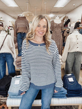 Mariner Striped Boatneck Knit Sweater with Lantern Sleeves - Denim Blue