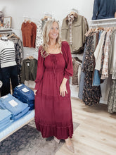 Merlot Muse Gathered Square Neck Maxi Dress - Cherry Laquer