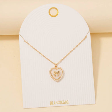 Pearl Set Heart Ribbon Bow Pendant Necklace - White