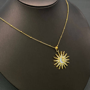CZ Sun Pendant 18K Golden Stainless Steel Necklace