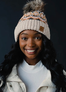 Patterned Pom Hat - Beige Multi