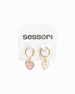Bow Stamp on Heart Drop Hoop Earrings - White