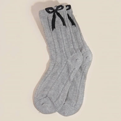 Embroidered Ribbon Bow Socks - Gray