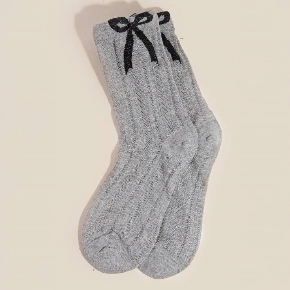Embroidered Ribbon Bow Socks - Gray