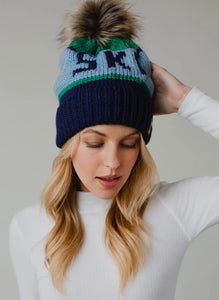 Ski Pom Hat - Green/Light Blue/Navy