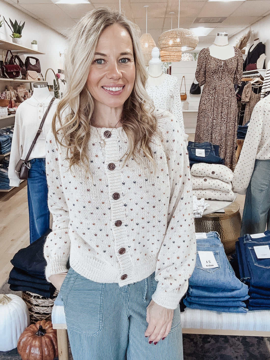 Honeyheart Multi Color Heart Pattern Cardigan Sweater