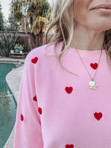 Bubblegum Pink and Red Dolman Sweater with 3D Textured Hearts - Pink/Red