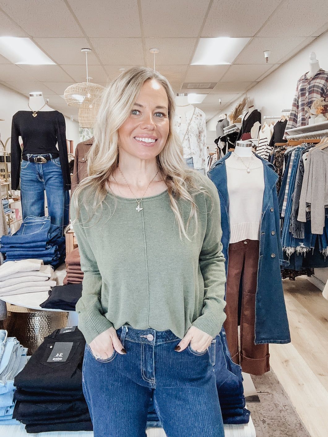 Sutton Crew Neck Pullover with Middle Seam Detail - Heather Moss